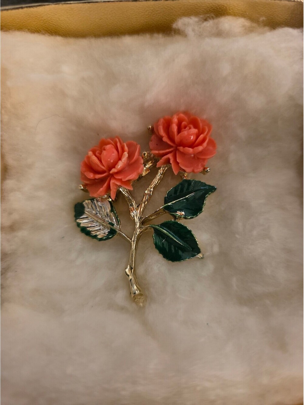 Vintage Floral Rose Brooch Pin with Orange Flowers and Green Leaves